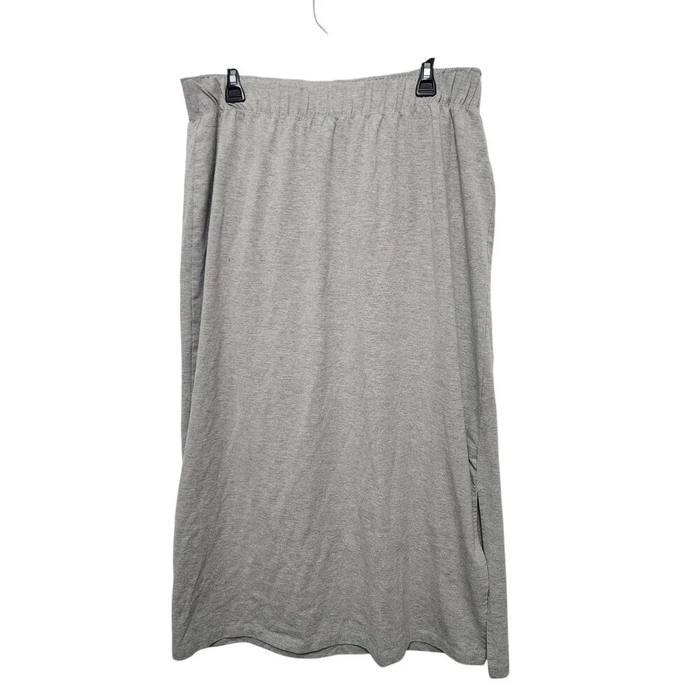 Ellos Knit Maxi Skirt Womens L 18/20 Elastic Waist Gray Side Slit Stretch Modest